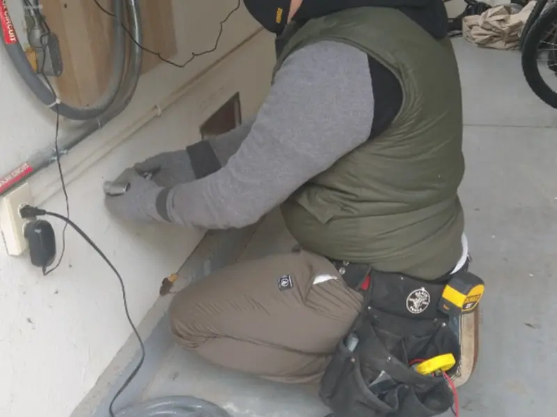 Electrician performing outlet wiring in a Tulsa garage